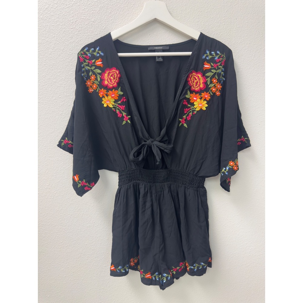 Forever 21‎ Floral Embroidered Romper Boho Tie Front Kimono Sleeve S Coachella